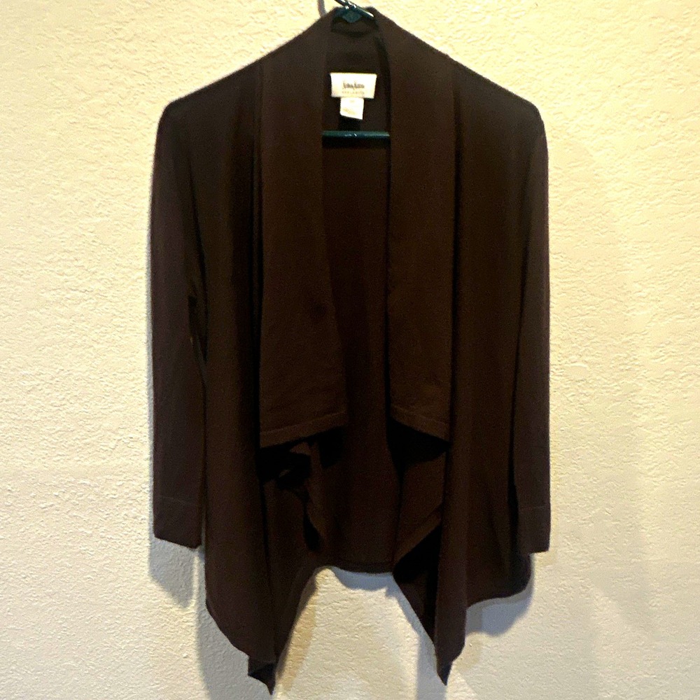 Neiman Marcus Women's Brown Cashmere Knit Open Front Draped Cardigan Sweater M